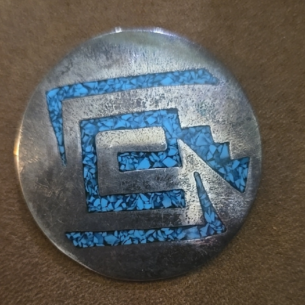 Silver Round Pin with Turquoise Inlay Geo Design